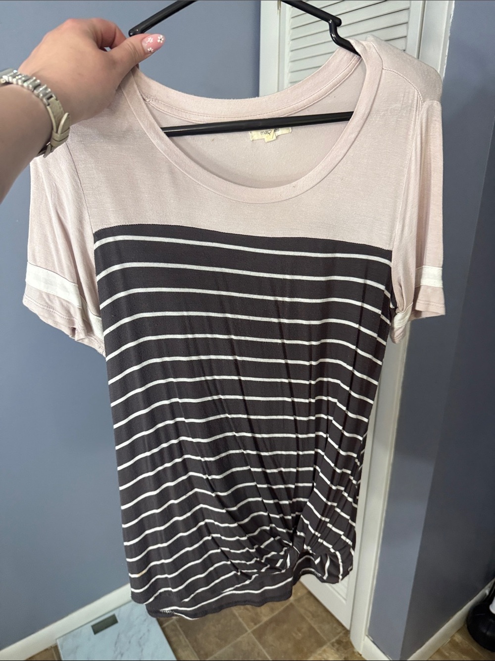 Maurice’s 24/7 Pink and dark gray Striped Short-Sleeve Tee with Twist Hem